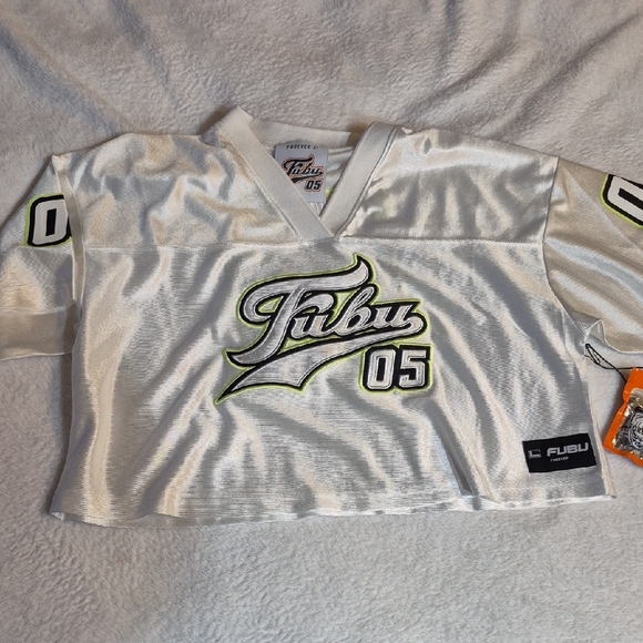 FUBU Tops - FUBU White Crop Jersey with Neon Green Trim Sz. M